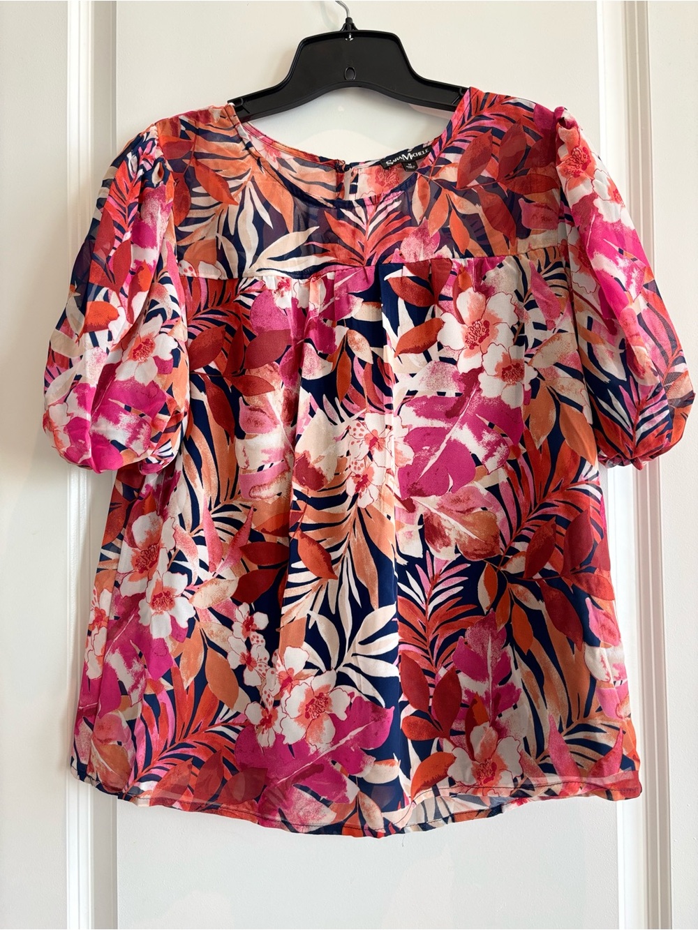 Sara Michele Tropical Floral Puff Sleeve Blouse Size M Pink Navy Orange NWOT
